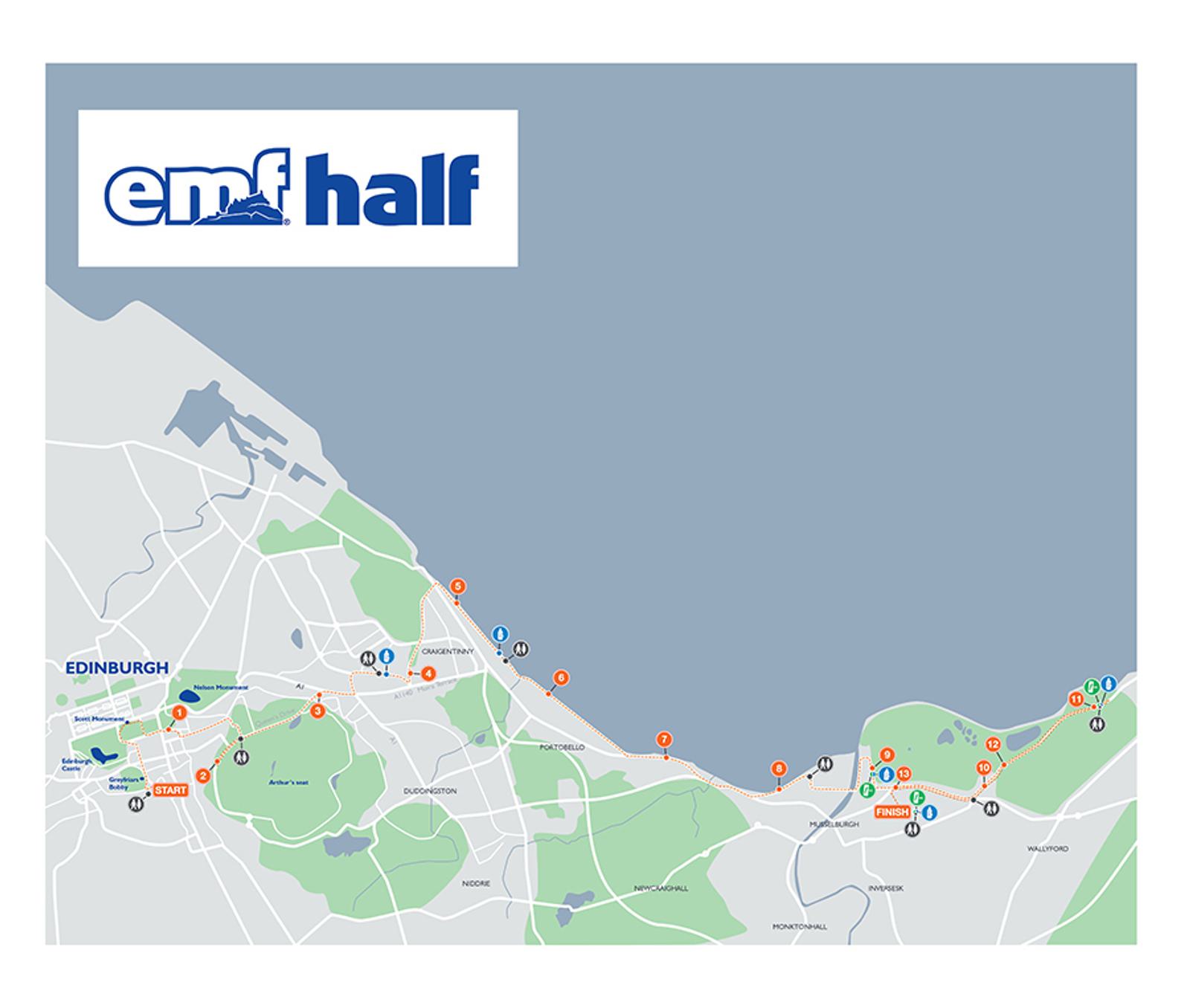 A map showing the route of the emf half marathon in Edinburgh. The route starts in the city and follows the coastline eastward, then loops back. Key locations and markers are highlighted along the way, and parks and other areas are depicted on the map. Logo of "emf half" is at the top left.