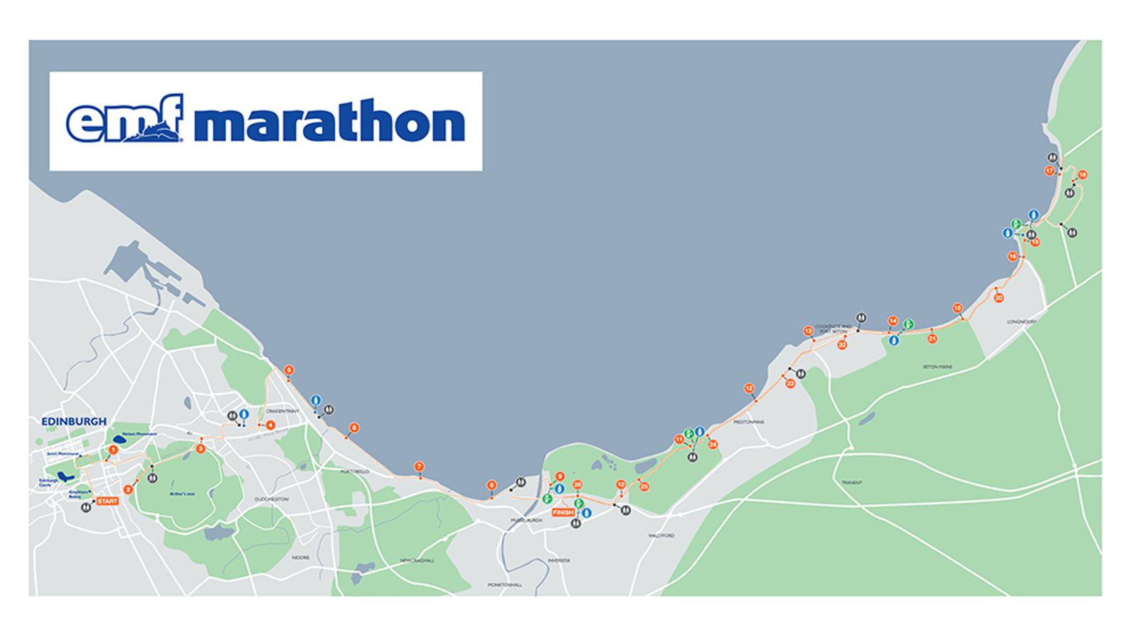 A map showing the route of the Edinburgh Marathon Festival along the coast. The route is marked with various icons indicating water stations, toilets, mile markers, and support points, starting in Edinburgh and extending eastwards along the shoreline.