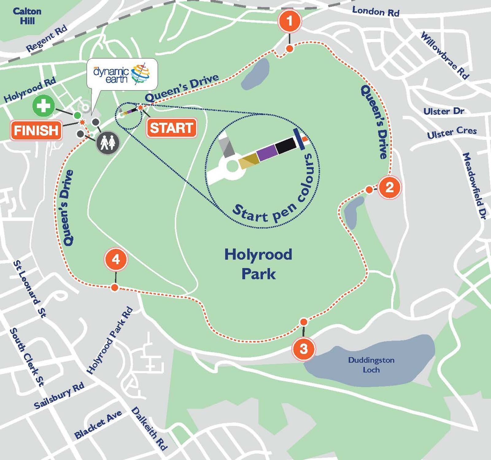 A map of the Holyrood Park running route starting and finishing at Queen's Drive, indicated by marked points. The mapped route passes various roads and landmarks including Dynamic Earth, Calton Hill, Duddingston Loch, and follows a path around the park.