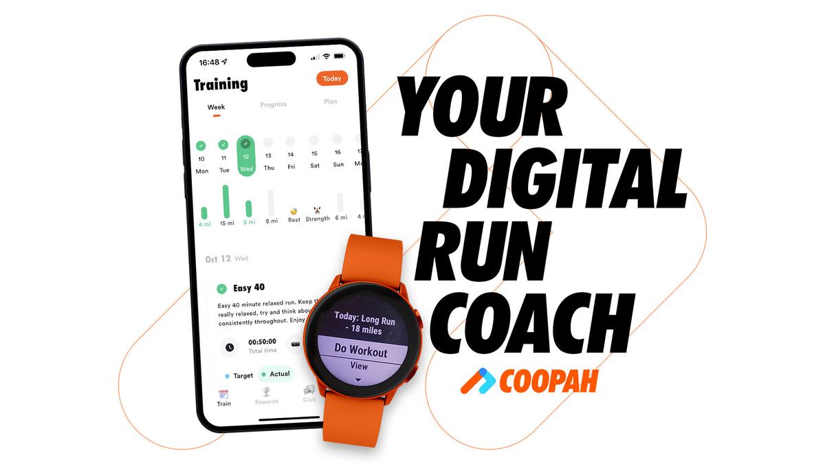 A smartphone displaying a training app and a smartwatch with an orange band showing a workout prompt. Text reads "YOUR DIGITAL RUN COACH" with the Coopah logo below it.