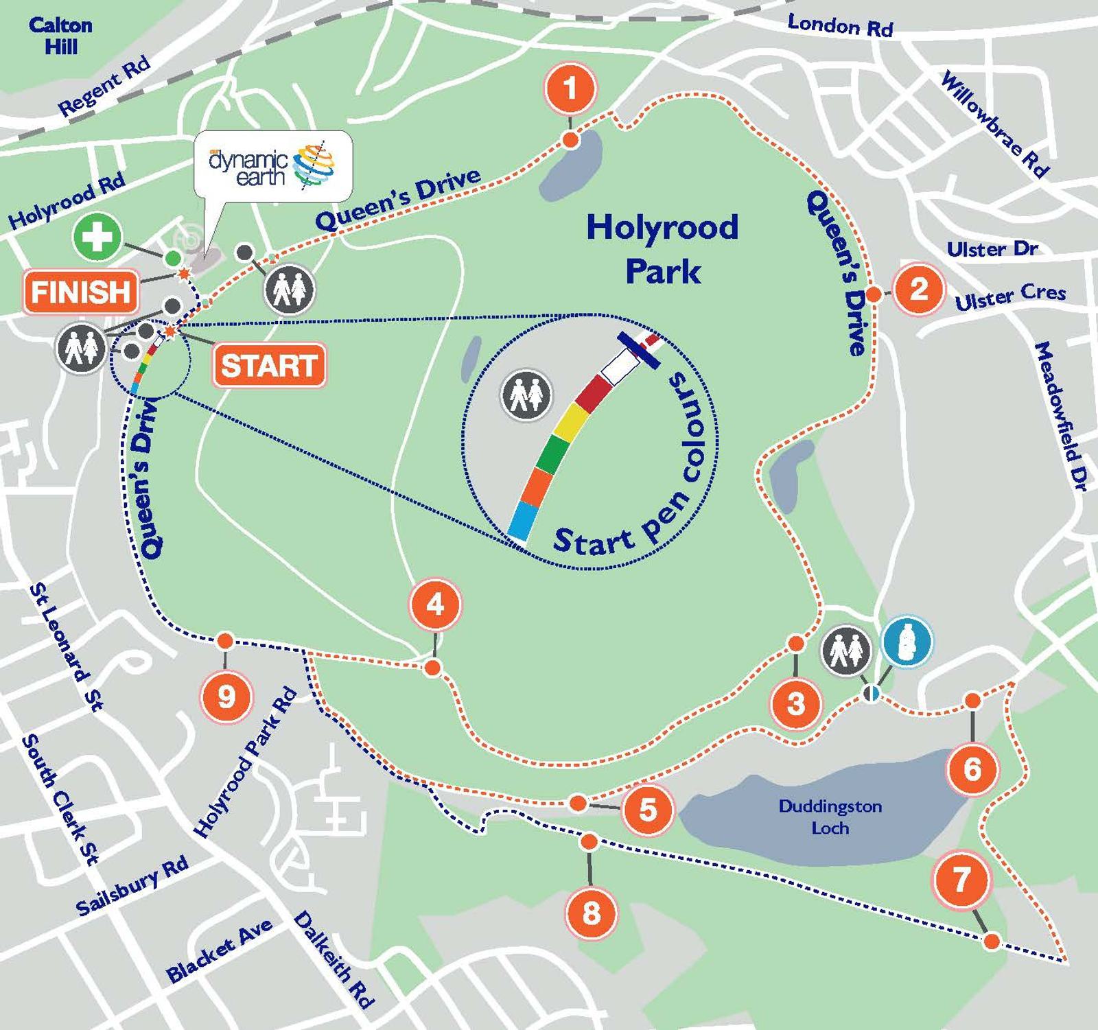 A colorful map showcasing a race route through Holyrood Park. Starting and finishing points are marked with a red and a green flag respectively. The route includes markers 1-8, passing key points such as Duddingston Loch and areas along Queen's Drive and Holyrood Road.