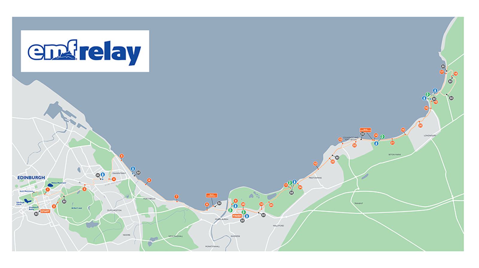 Map of the EMF Relay route, highlighting the coastline and surrounding areas near Edinburgh. Key points along the route are marked with numbered icons, indicating various checkpoints, water stations, and landmarks. The EMF Relay logo is in the top left corner.