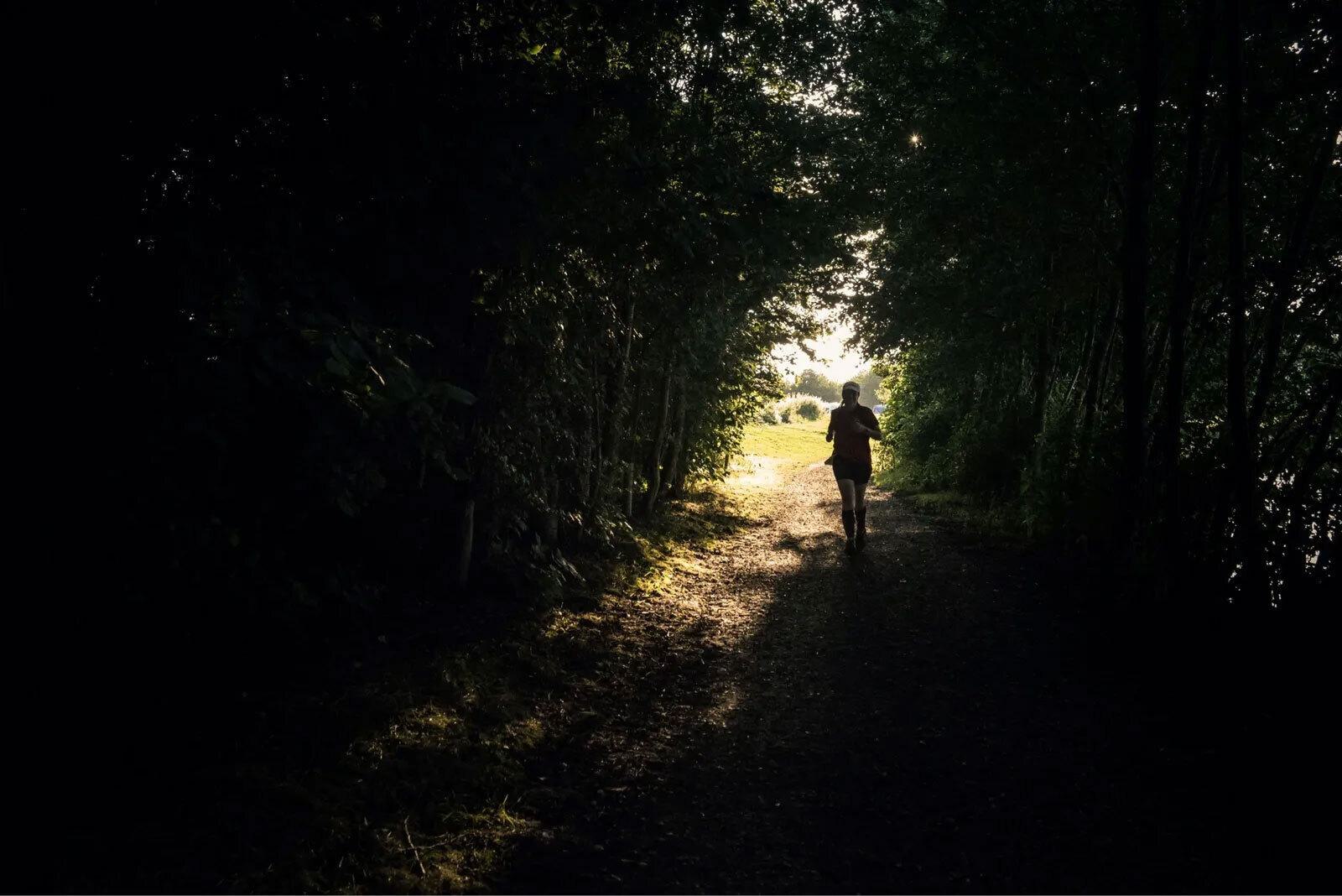 A silhouette of a person walking down a forest path towards a bright clearing. Sun rays filter through the dense trees, illuminating parts of the path ahead. The scene conveys a sense of tranquility and solitude.