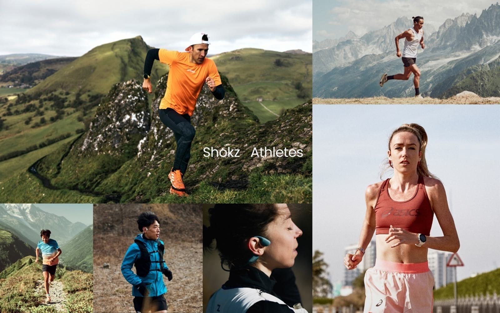 Six photos of athletes in different outdoor settings. One runner is on a grassy mountain ridge, one is on a rocky trail, one is on a mountain path, and one is on a city street. Two close-up photos show athletes using Shokz headphones. Text in image: "Shokz Athletes.